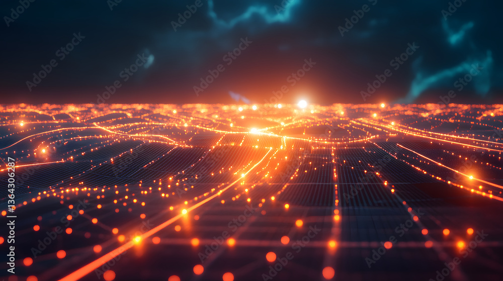 Obraz premium Futuristic solar energy grid with interconnected solar panels, distributing energy to a global network.
