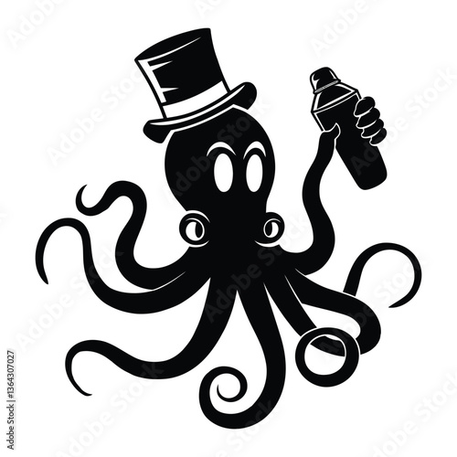 Mascot Mixologist Octopus Silhouette, Vector, Icon, Logo, White Background.