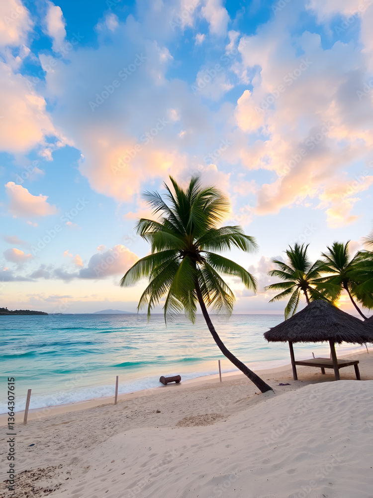 Fototapeta premium Tropical beach with palm trees and hut at sunset.