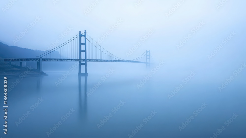 Fototapeta premium Suspension Bridge in Misty River Landscape