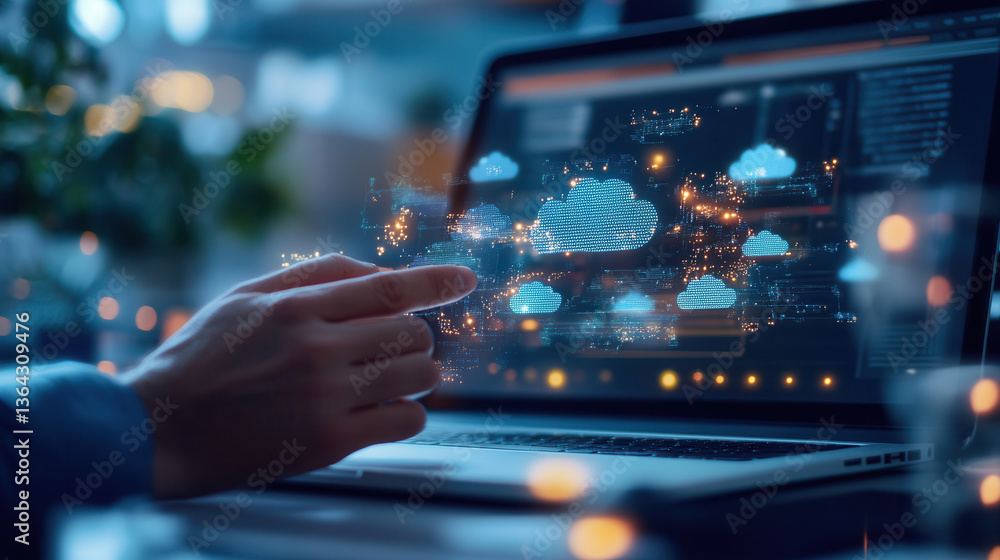 person interacting with futuristic cloud computing interface on laptop, symbolizing innovation and technology person interacting with futuristic cloud computing interface on laptop, symbolizing innovation and technology