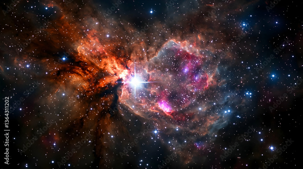 Obraz premium Colorful Nebula With Bright Stars And Cosmic Dust Against Dark Background Illuminating The Deep Space Scene