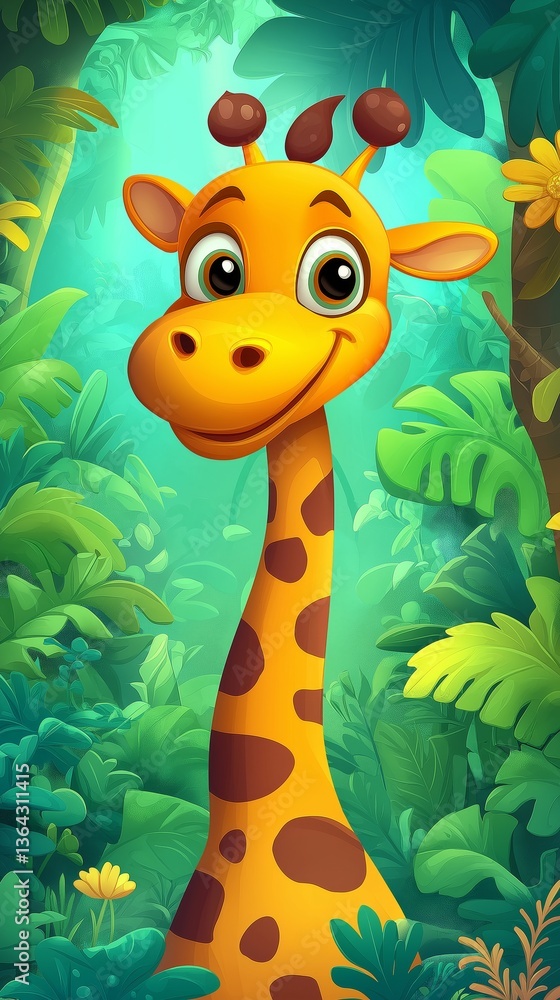 Naklejka premium Happy Cartoon Giraffe in a Lush Jungle Setting, Mobile Background