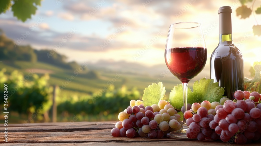 Fototapeta premium Breathtaking autumnal vineyard landscape with rows of lush green vines laden with ripe red grapes and glasses of ruby red wine set against a backdrop of rolling hills and a glowing sunset sky