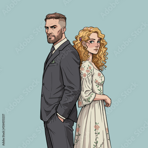 Couple in conflict standing back-to-back against a light background  