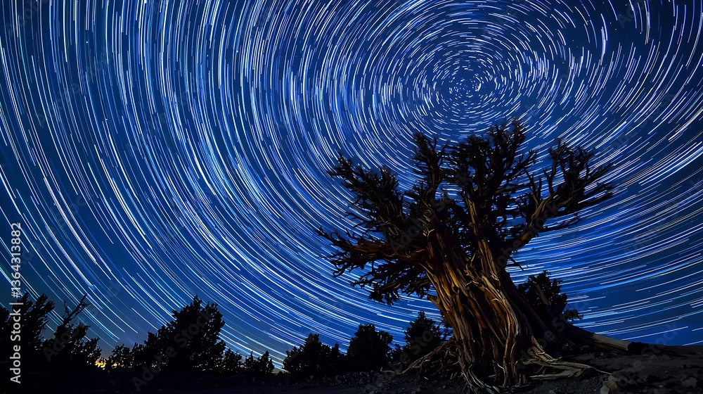 Fototapeta premium Mesmerizing Time-lapse of Star Trails Above Scenic Landscape