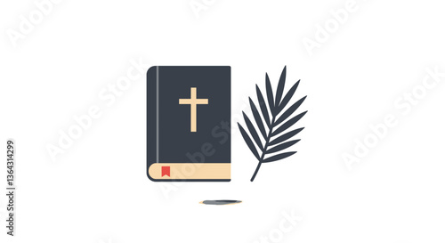 Religious book with a cross and palm leaf in minimal style  