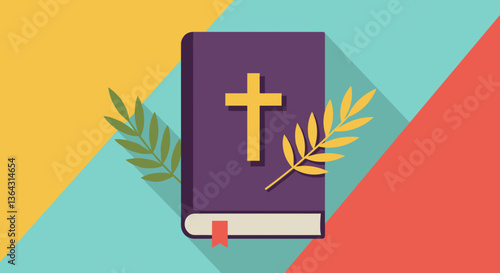 Bible with Cross and Leaves against Colorful Background  