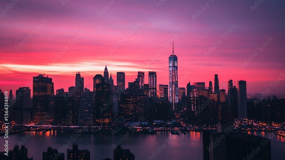 Fototapeta premium New York City skyline at vibrant sunrise or sunset. Skyscrapers silhouette against a dramatic pink and purple sky. City lights illuminate the buildings.