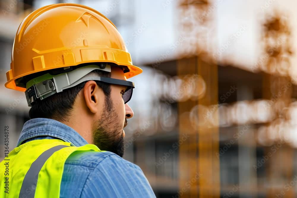 Dedicated construction worker in yellow hard hat and reflective vest ensures safety at building site, highlighting commitment to industry standards. Dedicated construction worker in yellow hard hat and reflective vest ensures safety at building site, highlighting commitment to industry standards.
