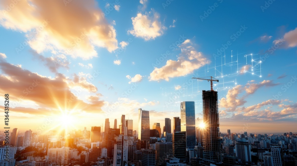 Fototapeta premium Breathtaking scene of a sprawling cityscape with towering skyscrapers and modern architecture silhouetted against a stunning fiery sunset sky The impressive high rise buildings and sleek