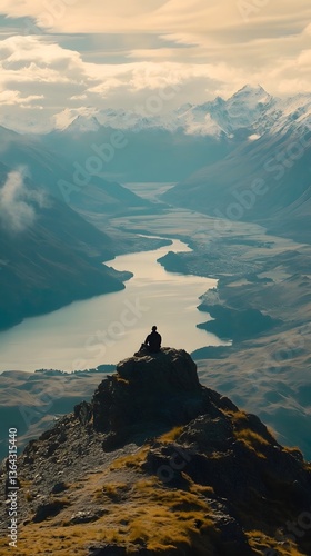 A solitary person sits on a mountain peak gazing out at the vast rugged landscape before them including a serene lake and distant peaks bathed in dramatic cinematic lighting