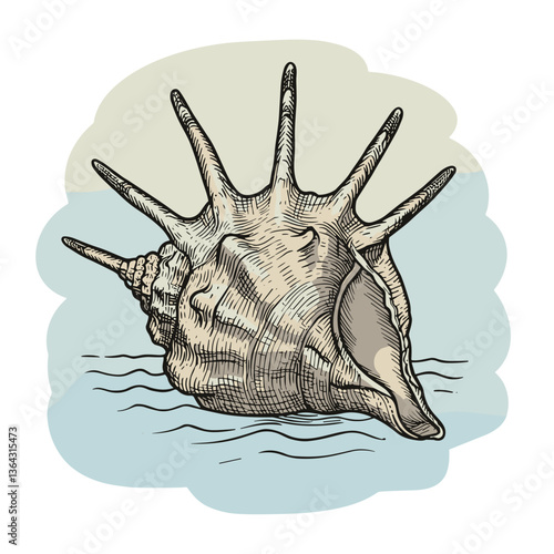 Vintage seashell illustration against tranquil ocean background  