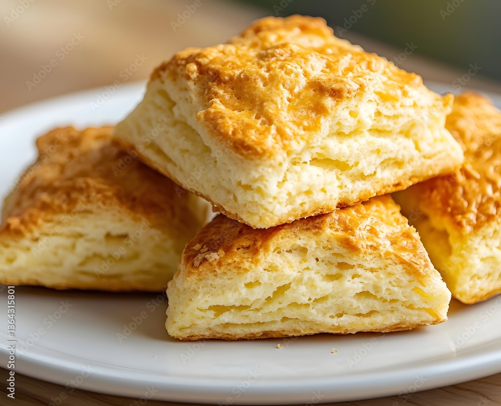 Delicious golden baked scones are stacked on a white plate