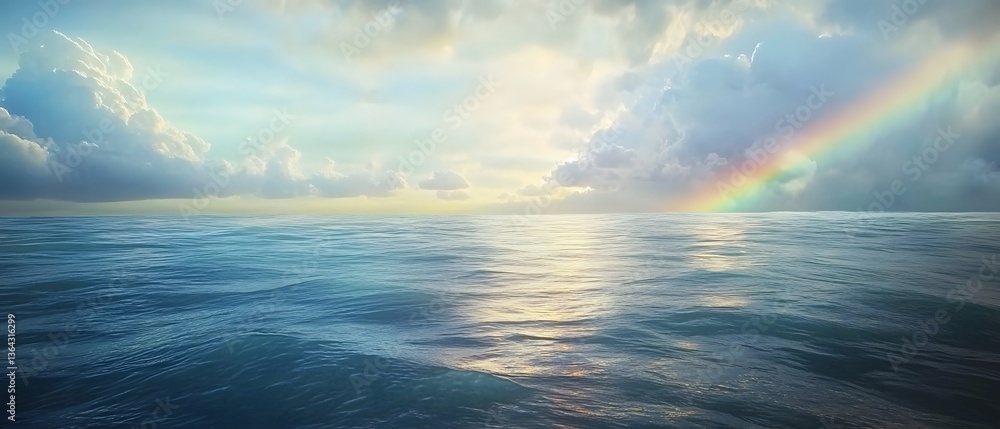 A tranquil seascape with a vibrant rainbow arching across the sky illuminated by a warm cinematic glow that reflects on the calm ocean surface A tranquil seascape with a vibrant rainbow arching across the sky illuminated by a warm cinematic glow that reflects on the calm ocean surface