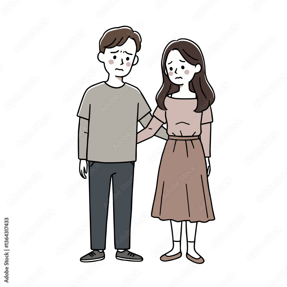 Sad couple comforting each other in a minimalist illustration Sad couple comforting each other in a minimalist illustration
