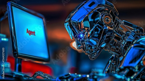 Chrome Robot Agent at Computer  AI  Futuristic Technology  Digital Screen