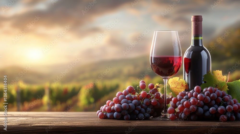 Fototapeta premium Bountiful Autumn Harvest A Scenic Vineyard Landscape with Wine Bottles and Glasses This image captures the beauty and abundance of the autumn harvest season