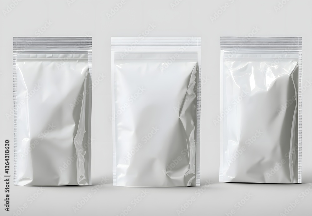 Three white plastic pouches with airtight seal closures are displayed Three white plastic pouches with airtight seal closures are displayed