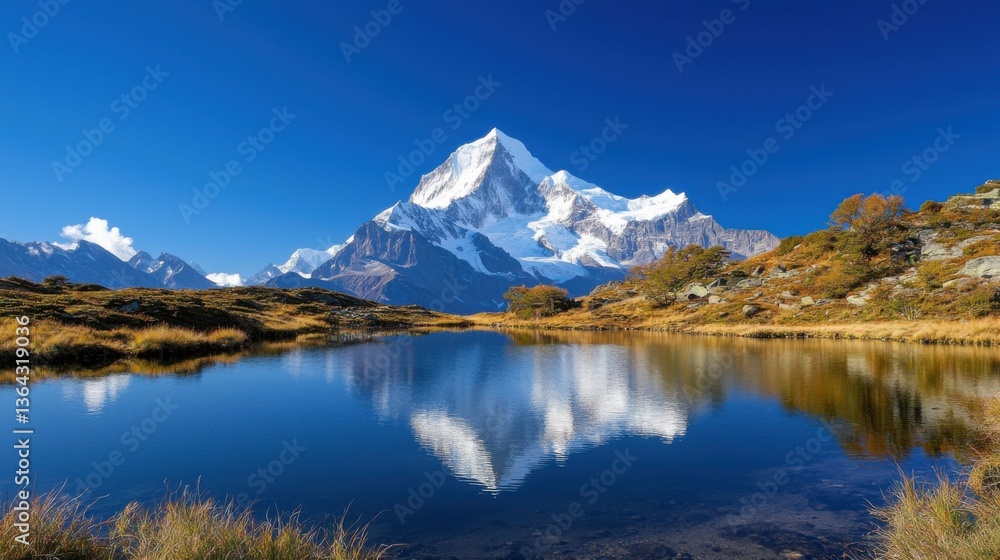 Majestic mountain landscape reflecting in a serene lake under a clear blue sky. Majestic mountain landscape reflecting in a serene lake under a clear blue sky.