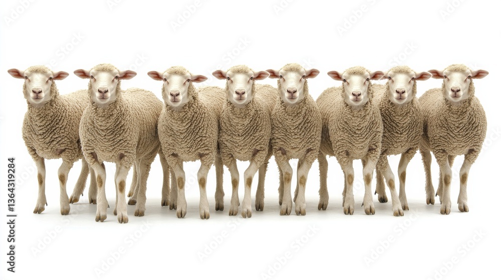 Fototapeta premium Group of Fluffy Sheep Standing Together on White Background
