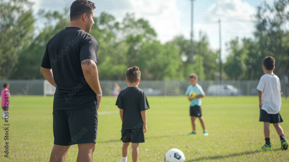 Fototapeta premium Coach's Eye: A coach observing youth players on a vibrant, green soccer field, capturing the essence of training and teamwork