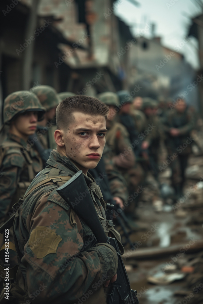 World war II style soldiers in camouflage uniforms amidst a war-torn eastern european town World war II style soldiers in camouflage uniforms amidst a war-torn eastern european town
