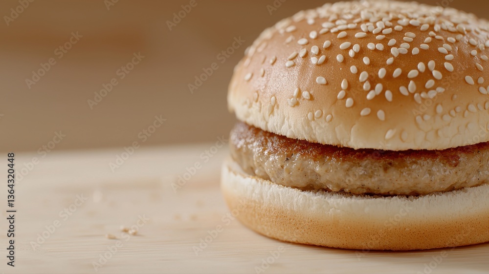 Close-up of a sesame seed bun hamburger sitting on a wooden surface, capturing its simplicity and delicious appeal. Close-up of a sesame seed bun hamburger sitting on a wooden surface, capturing its simplicity and delicious appeal.