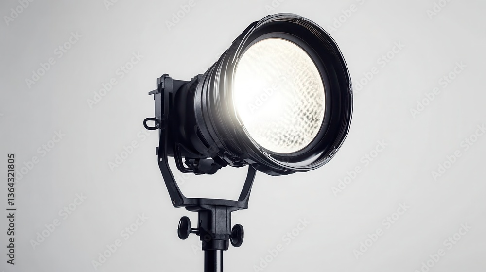 A bright professional studio light shines with intense illumination and beam
