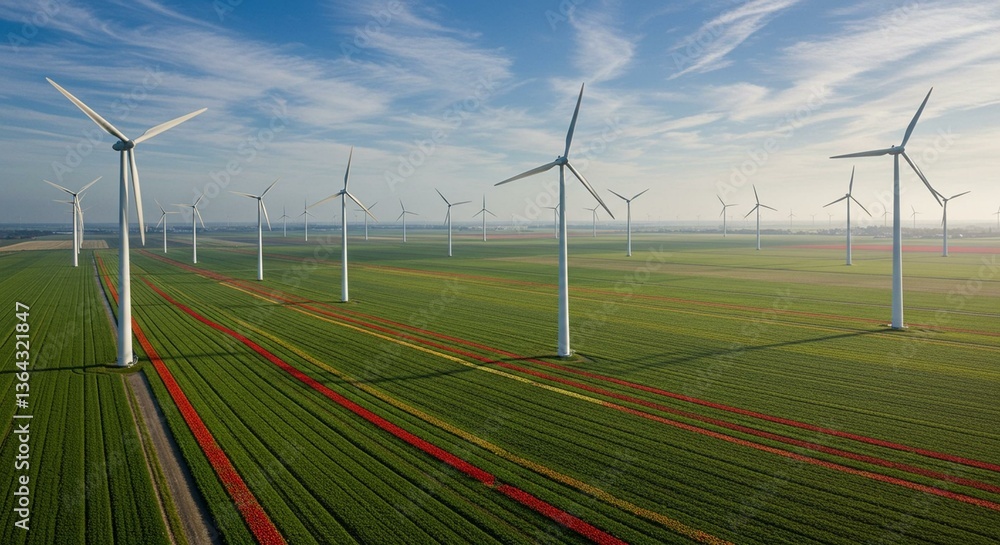 Wind Turbines in Green Fields under a Blue Sky Wind Turbines in Green Fields under a Blue Sky