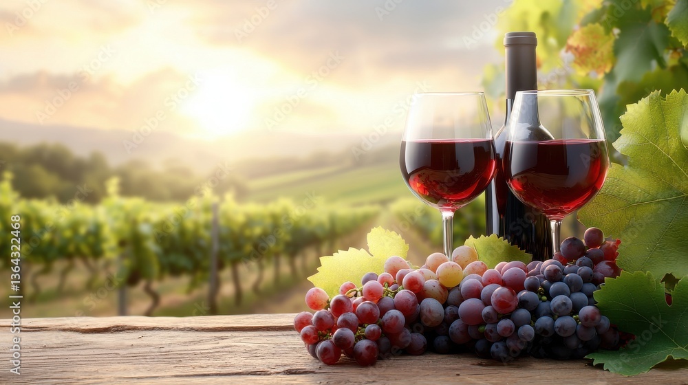 Fototapeta premium Breathtaking sunset over a serene vineyard landscape with a pair of wine glasses and a cluster of ripe grapes in a rustic cozy setting This image evokes the essence of winemaking