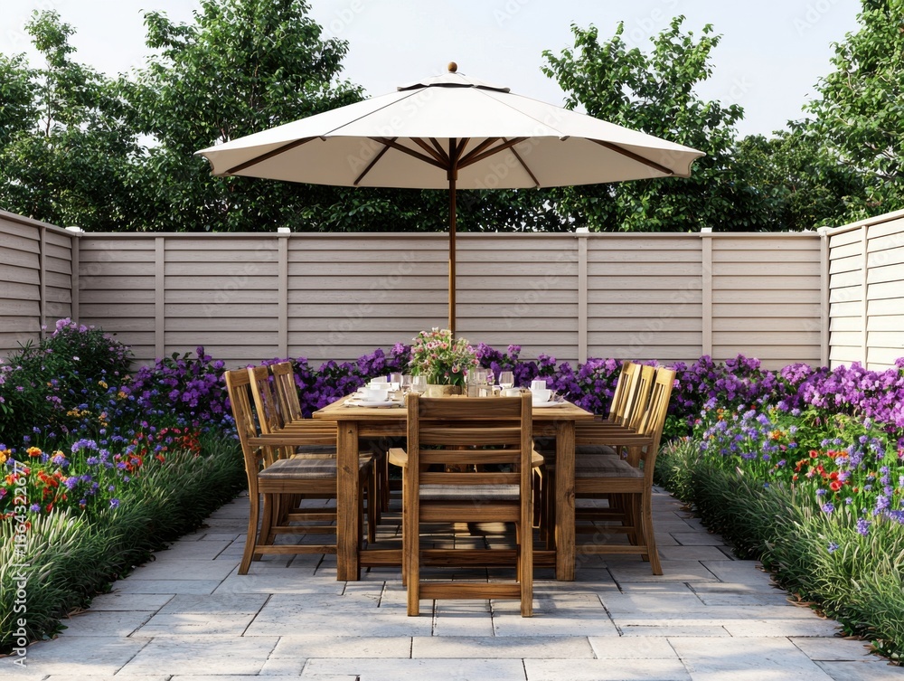 Obraz premium Beautiful outdoor dining space surrounded by vibrant flowers and greenery.
