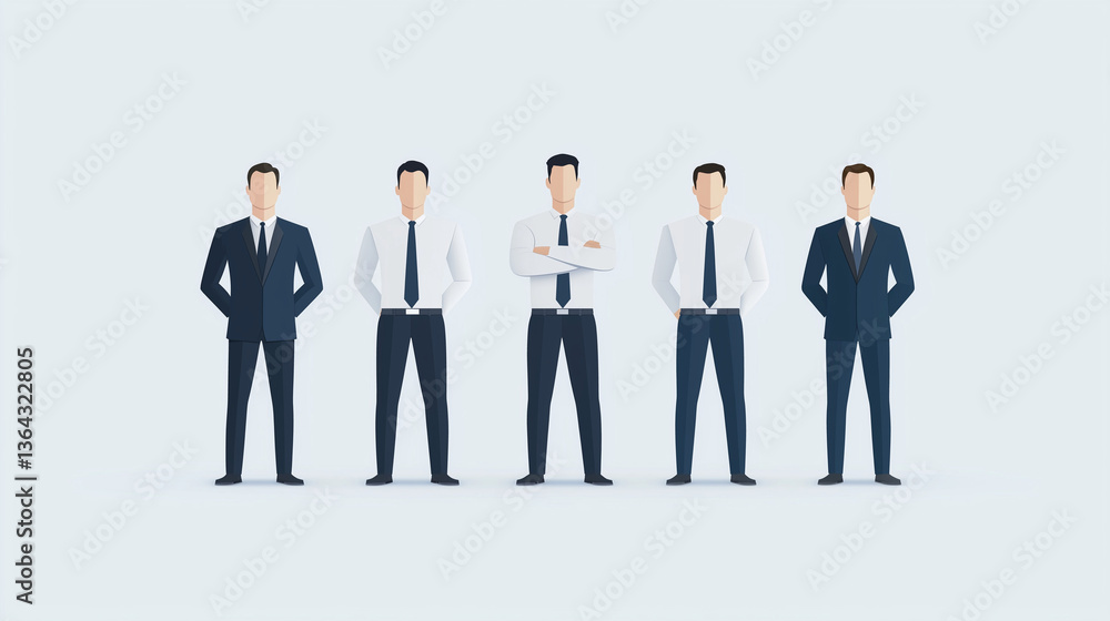Precision and Unity: A Line of business professionals, exuding confidence and poise, stand united in a striking representation of teamwork and corporate identity. Each figure. Precision and Unity: A Line of business professionals, exuding confidence and poise, stand united in a striking representation of teamwork and corporate identity. Each figure.