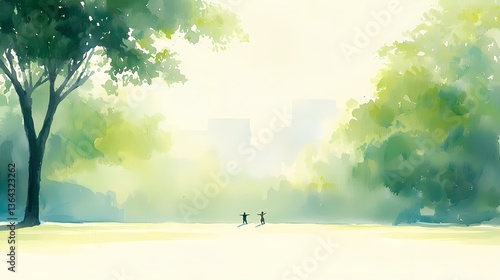 Tranquil Park Watercolor Painting, Serene park scene, watercolor style. People enjoying nature.