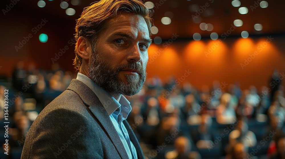 Bearded businessman in suit confidently addressing a large audience from the stage at a formal business conference or public speaking event He appears authoritative poised Bearded businessman in suit confidently addressing a large audience from the stage at a formal business conference or public speaking event He appears authoritative poised