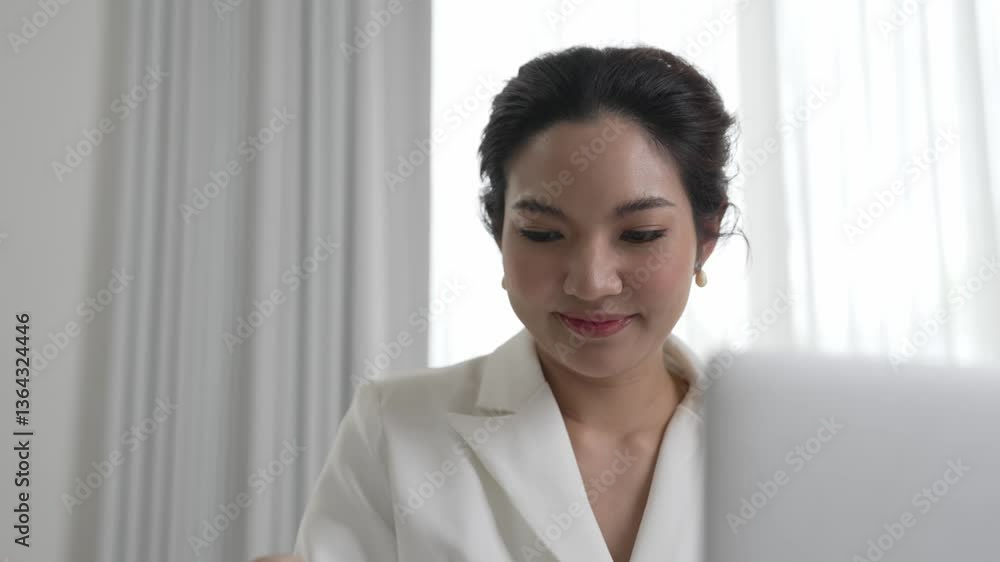 Happy and vivancy smiling young asian woman excited from being debt free from management of loan and invoice. Accomplishment financial freedom paving for future of independence and financial security Happy and vivancy smiling young asian woman excited from being debt free from management of loan and invoice. Accomplishment financial freedom paving for future of independence and financial security