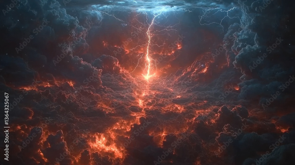 Fototapeta premium Dramatic lightning bolt striking through ominous dark storm clouds, illuminating the night sky.