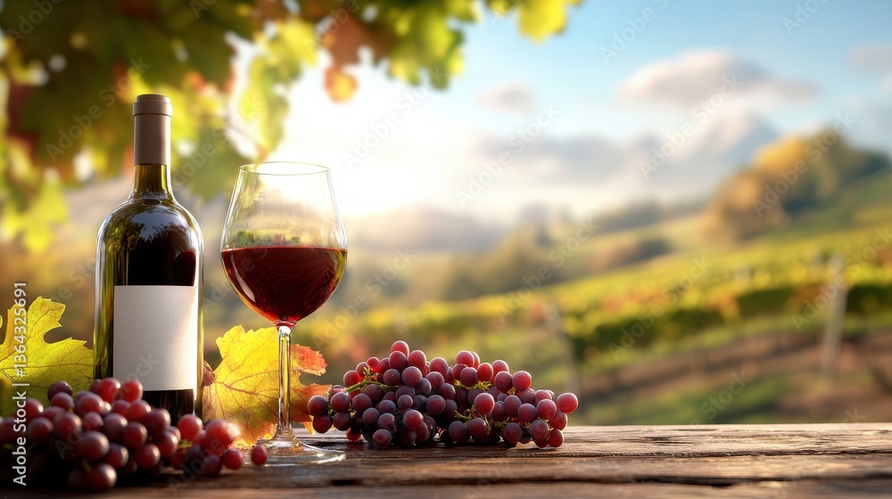 Fototapeta premium Beautiful autumn vineyard landscape with red wine bottle and glass on a rustic wooden table surrounded by vibrant grape leaves and clusters Scenic countryside background with blue sky and clouds