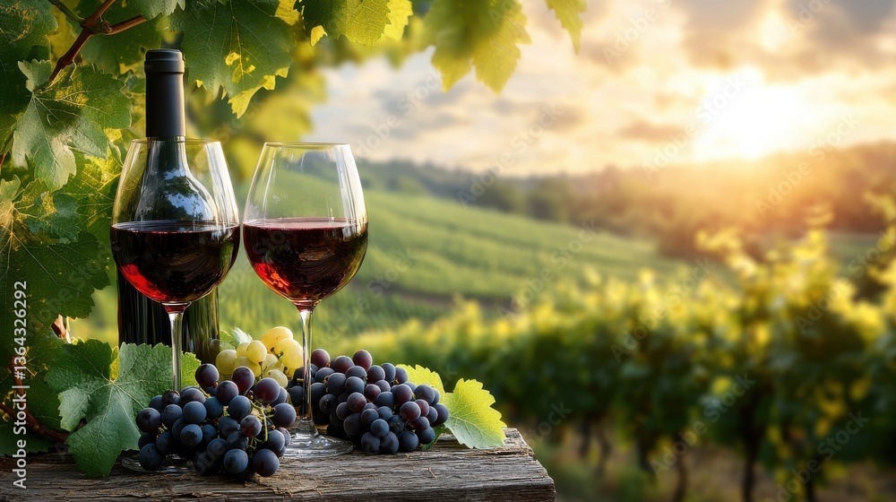 Fototapeta premium A breathtaking landscape at golden hour showcasing a flourishing vineyard with rows of lush green grapevines and clusters of ripe juicy red wine grapes