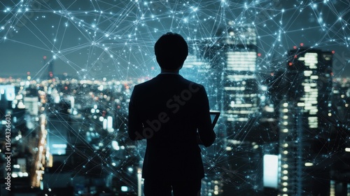 Night city executive views digital network