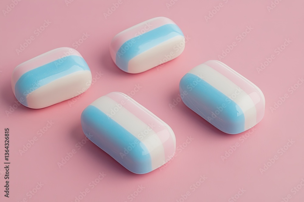 Colorful, rectangular candies in light blue, white, and pink Colorful, rectangular candies in light blue, white, and pink
