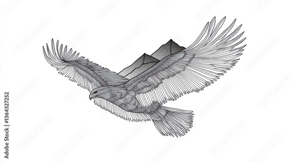 Fototapeta premium Majestic Eagle Soaring Mountains Line Art.