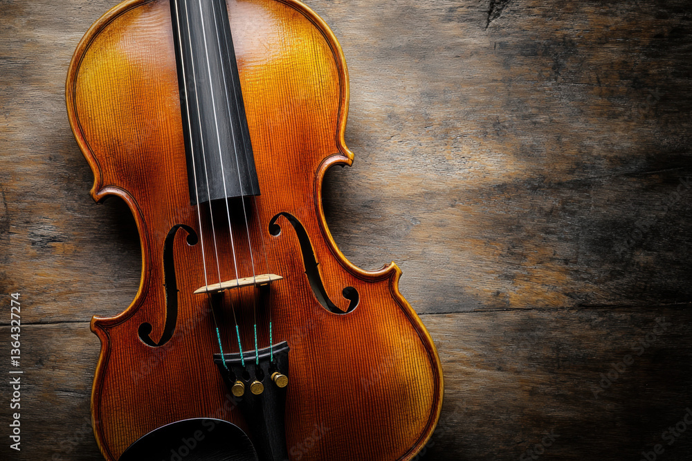 Fototapeta premium Violin on black and white backgrounds with musical instrument details, showcasing classical, antique wood and strings in a concert setting