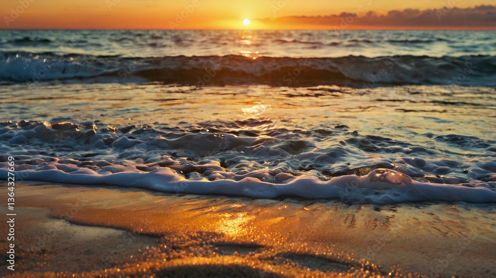 Obraz premium Serene Sunset at the Beach with Waves gently Rolling onto the Shoreline