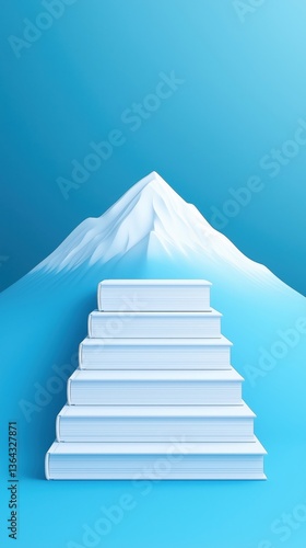 Books arranged like steps leading to a mountain against a blue background.
