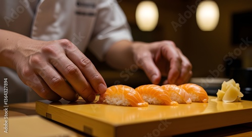 Chef de sushi preparando nigiri de salmón fresco