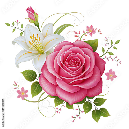 Rose and Lily Blossom Cluster, Pink and White Flowers With Leaves On Black Background