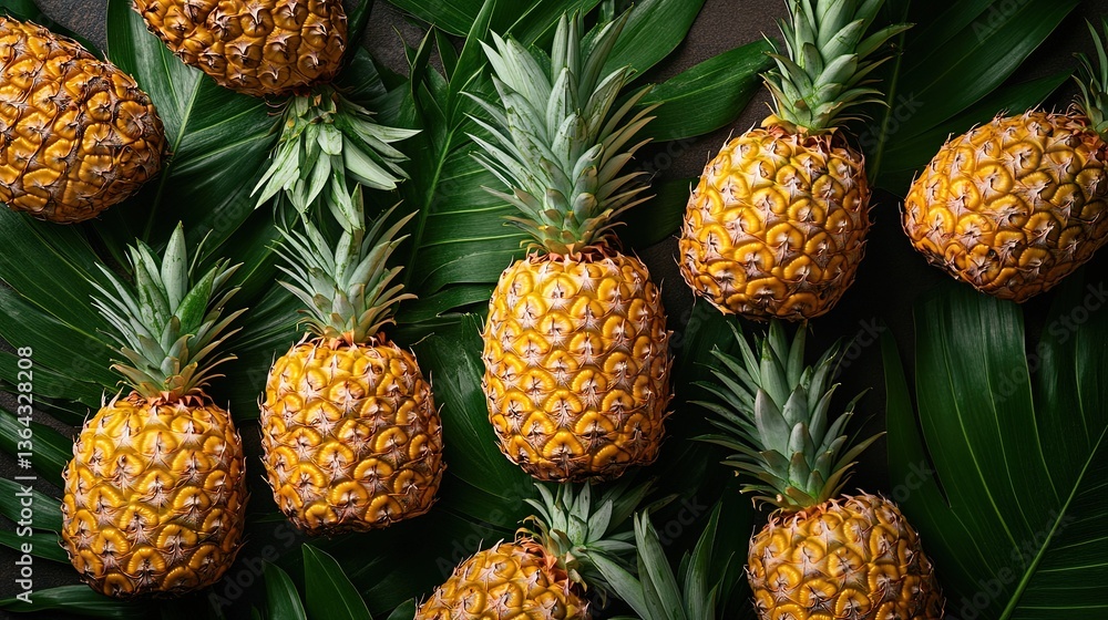 Pineapples arranged on green leaves Pineapples arranged on green leaves