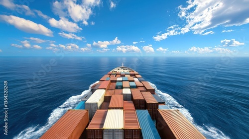 Aerial view of a large cargo ship sailing across the calm blue ocean with rows of multicolored shipping containers stacked on its deck  The ship is heading towards the horizon under a bright