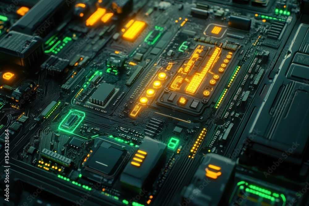 Fototapeta premium Complex circuit board with glowing green and orange lights, dark backdrop. Ideal for tech, data, or science projects requiring a modern, sleek look.